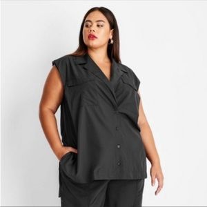 Future Collective Kahlana Barfield Brown Sleeveless Nylon Button Down Shirt 2X